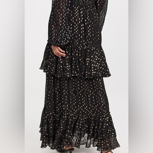 New Rococo Sand x Free People Aine Lg 14/16 Black Gold Metallic Tiered Maxi - Picture 9 of 12
